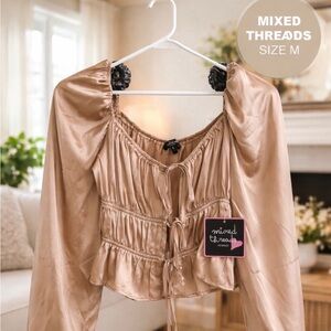 Mixed Threads Satin Cropped Peasant Top in Champagne Beige